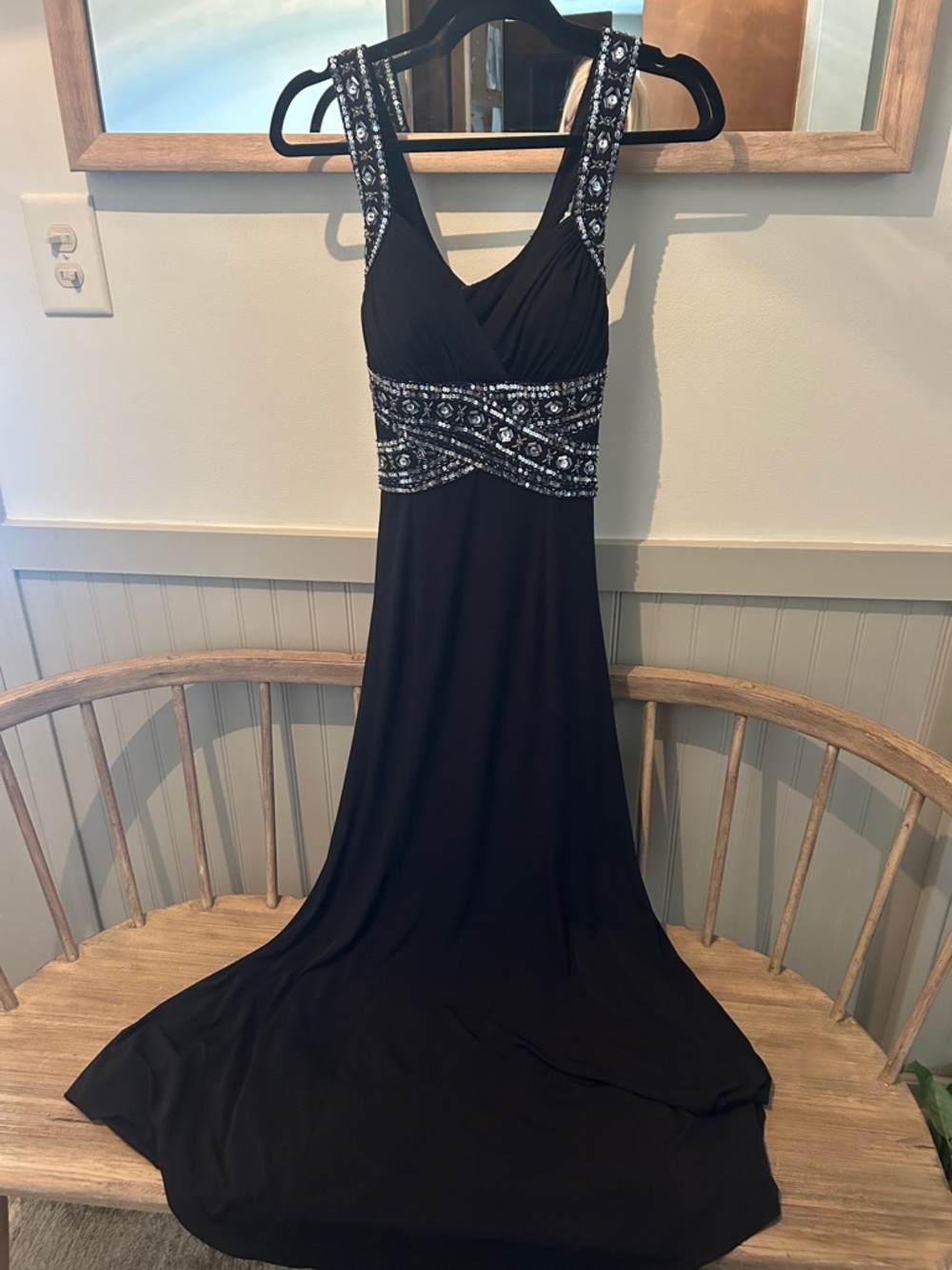 Adrianna Papell Black Evening Gown with Beaded Waist